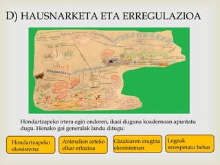 D) HAUSNARKETA ETA ERREGULAZIOA 
Hondartzapeko irtera egin ondoren, ikasi duguna koadernoan apuntatu 
dugu. Honako gai generalak landu ditugu: 
Hondartzapeko 
ekosistema 
Animalien arteko 
elkar erlazioa 
Gizakiaren eragina 
ekosisteman 
Legeak 
errespetatu behar 
 