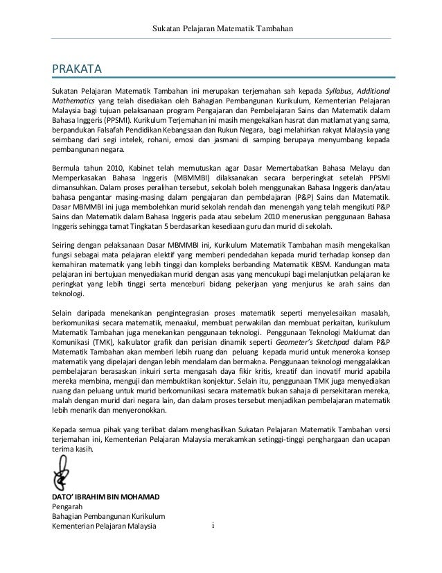 Sukatan Pelajaran Additional Mathematics Kbsm V Melayu