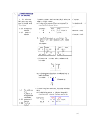 11.   ADDITION WITHIN 50
      BY REGROUPING.

      11.1. To add any         i ) To add any two numbers two digits with one     Counters.
      two numbers .two             digit and vice versa .
      and one digit and           a ) To show the value of two numbers withs      Symbol cards ( + )
      vice versa.                    counters in tens and ones.
                                                                                  (=)
      11.1.1 Horizontal             Example :          tens   ones
             layout.                   2 8            10 10   00000000            Number cards
      11.1.2 Vertical               +    4        +           0000
             layout.                                                              Counter cards.

                                  b ) o state two groups of counters on the
                                       place value card according the place
                                       value .
                                     Example :

                                     tens  ones             tens          ones
                                   10 10   IIIIIIII     10 10 I I I I I I II
                                   +        IIII                     IIII
                                            11111          10
                                    10 10 111 1 1 1 1 1   10 10       11

                                 c ) To replace counters with number cards.
                                   Example :

                                                      Tens    ones
                                                        2       8
                                                      +         4


                                 d ) To change the addition from horizontal to
                                    vertical layout.
                                    Example :     2 8 + 4 =
                                                              Change to

                                                    2 8
                                                   + 4

                               ii ) To add any two numbers , two digit with two
      11.2    To add any           digits .
              two                  a ) To show the value of two numbers with
              numbers of              counters with counters in tens and ones.
              to digits with
              two digits.        Example :           tens       One
      11.2.1 Horizontal               2 7          10 10       0000000
               layour                +1 4        +    10      0000
      11.2.2 Vertical
             layout.




                                                                                        65
 