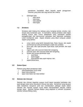 penekanan hendaklah diberi kepada aspek              penggunaan
                      imbuhan yang betul dari segi bentuk dan makna.

             c.      Golongan kata
                      i.     kata nama
                      ii.    kata kerja
                      iii.   kata adjektif
                      iv.    kata tugas


      1.2    Sintaksis

             Sintaksis ialah bidang ilmu bahasa yang mengkaji bentuk, struktur, dan
             binaan atau konstruksi ayat. Ini bermakna, bidang sintaksis ialah kajian
             tentang hukum atau rumus tatabahasa yang mendasari kaedah
             penggabungan dan penyusunan perkataan atau kelompok perkataan
             untuk membentuk ayat. Aspek sintaksis yang diberi tumpuan adalah
             seperti yang berikut:

             a.      unsur utama yang terdiri daripada kata, frasa, klausa, dan aspek
                     pembinaannya serta pembahagian subjek dan predikat,
             b.      jenis ayat, iaitu ayat penyata, ayat tanya, ayat perintah, dan ayat
                     seruan,
             c.      ragam ayat, iaitu susunan biasa dan songsang,
             d.      susunan ayat, iaitu susunan biasa dan songsang,
             e.      binaan dan proses penerbitan ayat:
                        i.  ayat dasar
                       ii.  ayat tunggal
                      iii.  ayat terbitan atau ayat majmuk, dan
             f.      aspek tanda baca


2.0   Sistem Ejaan

      Perkara yang diberi penekanan ialah:
        i.   pola keselarasan huruf vokal
       ii.   ejaan kata pinjaman
      iii.   ejaan kata dasar dan kata terbitan


3.0   Sebutan dan Intonasi

      Sebutan dan intonasi diajarkan supaya murid dapat menyebut perkataan dan
      ayat dengan betul serta memahami intonasi dan jeda. Kemahiran yang dipupuk
      ialah kebolehan mengenal pasti dan membezakan pelbagai aspek dalam
      sebutan dan intonasi supaya murid dapat menyampaikan sesuatu makna
      dengan tepat. Sebutan bahasa Melayu yang diajarkan di sekolah hendaklah
      sebutan bahasa Melayu baku:




                                                                                     14
 