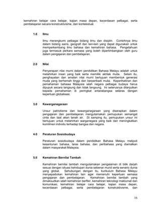 kemahiran belajar cara belajar, kajian masa depan, kecerdasan pelbagai, serta
pembelajaran secara konstruktivisme, dan kontekstual.


      1.0   Ilmu

            Ilmu merangkumi pelbagai bidang ilmu dan disiplin. Contohnya ilmu
            dalam bidang sains, geografi dan lain-lain yang dapat digunakan untuk
            memperkembang ilmu bahasa dan kemahiran bahasa. Pengetahuan
            juga termasuk perkara semasa yang boleh dipertimbangkan oleh guru
            dalam pengajaran dan pembelajaran.


      2.0   Nilai

            Penyerapan nilai murni dalam pendidikan Bahasa Melayu adalah untuk
            melahirkan insan yang baik serta memiliki akhlak mulia. Selain itu,
            penghayatan dan amalan nilai murni bertujuan membentuk generasi
            muda yang berhemah tinggi dan berperibadi mulia. Keperihatinan dan
            pemahaman bahawa Malaysia ialah negara pelbagai budaya harus
            dipupuk secara langsung dan tidak langsung. Ini seterusnya dilanjutkan
            kepada pemahaman di peringkat antarabangsa selaras dengan
            keperluan globalisasi.


      3.0   Kewarganegaraan

            Unsur patriotisme dan kewarganegaraan yang diserapkan dalam
            pengajaran dan pembelajaran mengutamakan pemupukan semangat
            cinta dan taat akan tanah air. Di samping itu, pemupukan unsur ini
            bertujuan untuk melahirkan warganegara yang baik dan meningkatkan
            komitmen individu terhadap bangsa dan negara.


      4.0   Peraturan Sosiobudaya

            Peraturan sosiobudaya dalam pendidikan Bahasa Melayu meliputi
            kesantunan bahasa, laras bahasa, dan peribahasa yang diamalkan
            dalam masyarakat Malaysia.


      5.0   Kemahiran Bernilai Tambah

            Kemahiran bernilai tambah mengutamakan pengalaman di bilik darjah
            sesuai dengan situasi kehidupan dunia sebenar murid serta senario dunia
            yang global.    Sehubungan dengan itu, kurikulum Bahasa Melayu
            menyepadukan kemahiran lain agar memenuhi keperluan semasa
            pengajaran dan pembelajaran.        Kemahiran bernilai tambah yang
            dimaksudkan ialah kemahiran berfikir, kemahiran teknologi maklumat dan
            komunikasi, kemahiran belajar cara belajar, kajian masa depan,
            kecerdasan pelbagai, serta pembelajaran konstruktivisme, dan


                                                                                16
 