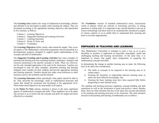 The Vocabulary consists of standard mathematical terms, instructional
words or phrases which are relevant in structuring activities, in asking
questions or setting tasks. It is important to pay careful attention to the use of
correct terminology and these need to be systematically introduced to pupils
in various contexts so as to enable them to understand their meaning and
learn to use them appropriately.

The Learning Area outlines the scope of mathematical knowledge, abilities
and attitudes to be developed in pupils when learning the subject. They are
developed according to the appropriate learning objectives and represented
in five columns, as follows:
Column 1 :
Column 2 :
Column 3 :
Column 4 :
Column 5 :

Learning Objectives
Suggested Teaching and Learning Activities
Learning Outcomes
Points To Note; and
Vocabulary.

EMPHASES IN TEACHING AND LEARNING

The Learning Objectives define clearly what should be taught. They cover
all aspects of the Mathematics curriculum programme and are presented in a
developmental sequence designed to support pupils understanding of the
concepts and skill of mathematics.

This Mathematics Curriculum is arranged in such a way so as to give
flexibility to teachers to implement an enjoyable, meaningful, useful and
challenging teaching and learning environment. At the same time, it is
important to ensure that pupils show progression in acquiring the
mathematical concepts and skills.

The Suggested Teaching and Learning Activities lists some examples of
teaching and learning activities including methods, techniques, strategies and
resources pertaining to the specific concepts or skills. These are, however,
not the only intended approaches to be used in the classrooms. Teachers are
encouraged to look for other examples, determine teaching and learning
strategies most suitable for their students and provide appropriate teaching
and learning materials. Teachers should also make cross-references to other
resources such as the textbooks and the Internet.

In determining the change to another learning area or topic, the following
have to be taken into consideration:
•
•

The Learning Outcomes define specifically what pupils should be able to
do. They prescribe the knowledge, skills or mathematical processes and
values that should be inculcated and developed at the appropriate level.
These behavioural objectives are measurable in all aspects.

•

The skills or concepts to be acquired in the learning area or in
certain topics;
Ensuring the hierarchy or relationship between learning areas or
topics has been followed accordingly; and
Ensuring the basic learning areas have been acquired fully before
progressing to more abstract areas.

The teaching and learning processes emphasise concept building and skill
acquisition as well as the inculcation of good and positive values. Besides
these, there are other elements that have to be taken into account and infused
in the teaching and learning processes in the classroom. The main elements
focused in the teaching and learning of mathematics are as follows:

In the Points To Note column, attention is drawn to the more significant
aspects of mathematical concepts and skills. These emphases are to be taken
into account so as to ensure that the concepts and skills are taught and learnt
effectively as intended.

(xi)

 