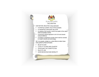 RUKUNEGARA
DECLARATION
OUR NATION, MALAYSIA, being dedicated

•
•
•

to achieving a greater unity of all her peoples;

•

to ensuring a liberal approach to her rich and diverse
cultural traditions;

•

to building a progressive society which shall be oriented
to modern science and technology;

to maintaining a democratic way of life;
to creating a just society in which the wealth of the nation
shall be equitably shared;

WE, her peoples, pledge our united efforts to attain these
ends guided by these principles:

•
•
•
•
•

BELIEF IN GOD
LOYALTY TO KING AND COUNTRY
UPHOLDING THE CONSTITUTION
RULE OF LAW
GOOD BEHAVIOUR AND MORALITY

(iv)

 