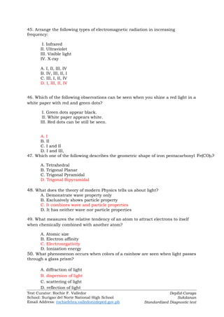 Test Curator: Rochie F. Valledor
School: Surigao del Norte National High School
Email Address: rochiefebra.valledor@deped.gov.ph
DepEd-Caraga
Sukdanan
Standardized Diagnostic test
45. Arrange the following types of electromagnetic radiation in increasing
frequency:
I. Infrared
II. Ultraviolet
III. Visible light
IV. X-ray
A. I, II, III, IV
B. IV, III, II, I
C. III, I, II, IV
D. I, III, II, IV
46. Which of the following observations can be seen when you shine a red light in a
white paper with red and green dots?
I. Green dots appear black.
II. White paper appears white.
III. Red dots can be still be seen.
A. I
B. II
C. I and II
D. I and III,
47. Which one of the following describes the geometric shape of iron pentacarbonyl
A. Tetrahedral
B. Trigonal Planar
C. Trigonal Pyramidal
D. Trigonal Bipyramidal
48. What does the theory of modern Physics tells us about light?
A. Demonstrate wave property only
B. Exclusively shows particle property
C. It combines wave and particle properties
D. It has neither wave nor particle properties
49. What measures the relative tendency of an atom to attract electrons to itself
when chemically combined with another atom?
A. Atomic size
B. Electron affinity
C. Electronegativity
D. Ionization energy
50. What phenomenon occurs when colors of a rainbow are seen when light passes
through a glass prism?
A. diffraction of light
B. dispersion of light
C. scattering of light
D. reflection of light
 