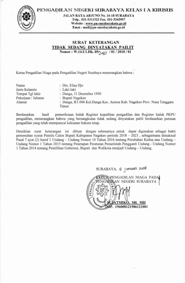 Surat Keterangan Tidak Pailit Dari Pengadilan Negeri  Bagi Contoh Surat
