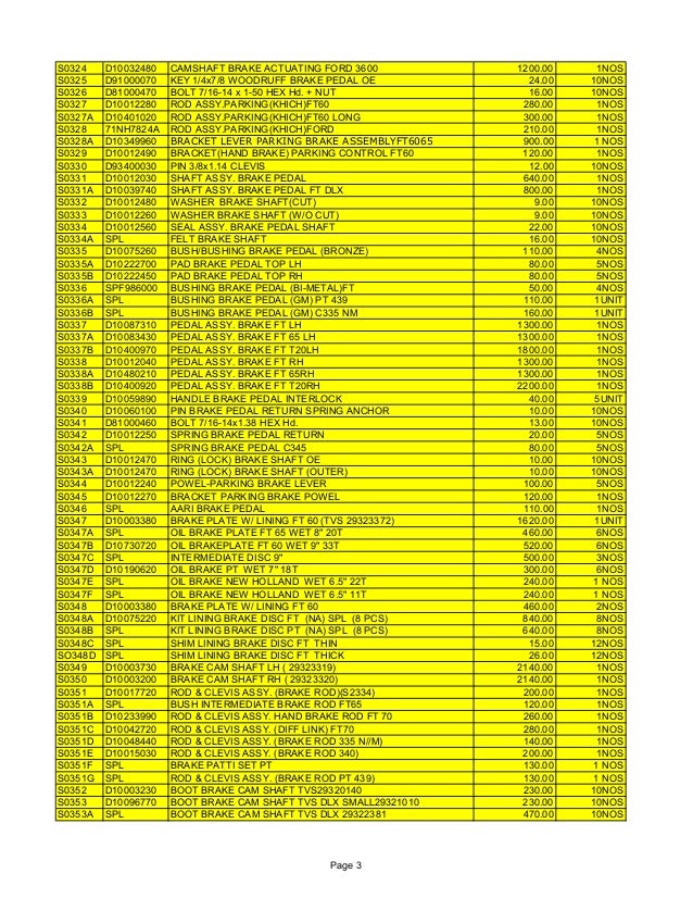 FARMTRAC AND FORD TRACTORS PARTS PRICE LIST AND CATALOG