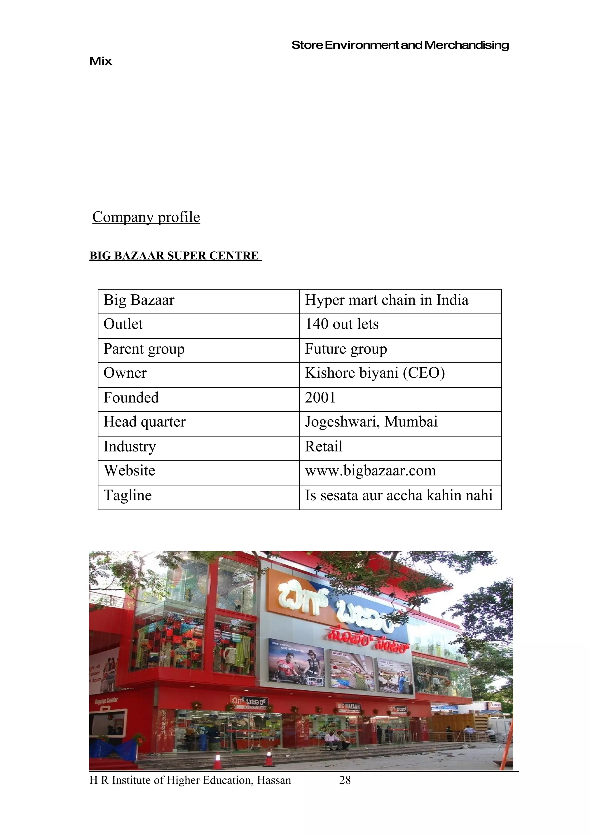 Store Environment and Merchandising
Mix




Company profile

BIG BAZAAR SUPER CENTRE


  Big Bazaar                                  Hyper mart chain in India
  Outlet                                      140 out lets
  Parent group                                Future group
  Owner                                       Kishore biyani (CEO)
  Founded                                     2001
  Head quarter                                Jogeshwari, Mumbai
  Industry                                    Retail
  Website                                     www.bigbazaar.com
  Tagline                                     Is sesata aur accha kahin nahi




H R Institute of Higher Education, Hassan            28
 