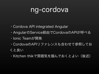 ng-cordova 
?Cordova API integrated Angular 
?AngularServiceUɤCordovaAPI٤ 
?Ionic Team_k 
?CordovaAPIե󥹤Ϥ碌ƲդƤ 
 
?Kitchen thik냇ݤǤȤ褤 
 