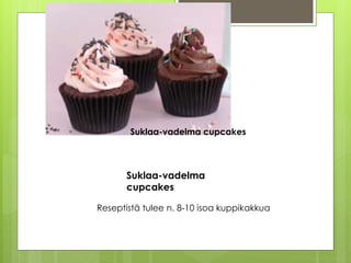 Suklaa-vadelma cupcakes
Suklaa-vadelma
cupcakes
Reseptistä tulee n. 8-10 isoa kuppikakkua
 