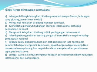 Fungsi Neraca Pembayaran Internasional
a) Mengambil langkah-langkah di bidang ekonomi (ekspor/impor, hubungan
uang piutang, penanaman modal)
b) Mengambil kebijakan di bidang moneter dan fiscal.
c) Mengetahui pengaruh hubungan ekonomi internasional terhadap
pendapatan nasional
d) Mengambil kebijakan di bidang politik perdagangan internasional
e) Mendapatkan gambaran tentang pengaruh transaksi luar negri terhadap
pendapatan nasional
f) Sebagai suatu alat pembukuan dan alat pembayaran luar negeri agar
pemerintah dapat mengambil keputusan, apakah negara dapat melanjutkan
masuknya barang-barang luar negeri dan dapat menyelesaikan pembayaran
tepat pada waktunya.
g) Sebagai suatu alat untuk mengukur keadaan perekonomian dalam hubungan
internasional dari suatu negara.
 