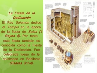 La Fiesta de la
Dedicación
El Rey Salomón dedicó
el Templo en la época
de la fiesta de Sukot (1
Reyes 8). Por tanto,
esta fiesta también es
conocida como la Fiesta
de la Dedicación. Fue
celebrada luego de la
cautividad en Babilonia
(Esdras 3:1-4).
 