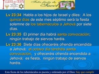 Esta fiesta de los tabernáculos es puesta y ordenada por el Dios: hay que cumplir
Lv 23:34Lv 23:34 Habla a los hijos de Israel y diles: A losHabla a los hijos de Israel y diles: A los
quince díasquince días de este mes séptimo será la fiestade este mes séptimo será la fiesta
solemne desolemne de los tabernáculos a Jehoválos tabernáculos a Jehová por sietepor siete
días.días.
Lv 23:35Lv 23:35 El primer día habráEl primer día habrá santa convocaciónsanta convocación;;
ningún trabajo de siervos haréis.ningún trabajo de siervos haréis.
Lv 23:36Lv 23:36 Siete días ofreceréis ofrenda encendidaSiete días ofreceréis ofrenda encendida
a Jehová;a Jehová; el octavo día tendréis santael octavo día tendréis santa
convocaciónconvocación, y ofreceréis ofrenda encendida a, y ofreceréis ofrenda encendida a
Jehová; es fiesta, ningún trabajo de siervosJehová; es fiesta, ningún trabajo de siervos
haréis.haréis.
 