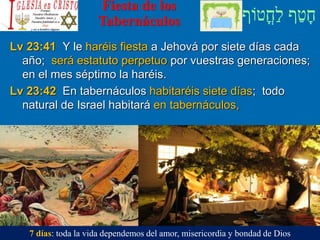 ‫ֳטֹוף‬‫ח‬ַ‫ל‬ ‫ף‬ַ‫ט‬ָ‫ח‬
Fiesta de los
Tabernáculos
Lv 23:41 Y le haréis fiesta a Jehová por siete días cada
año; será estatuto perpetuo por vuestras generaciones;
en el mes séptimo la haréis.
Lv 23:42 En tabernáculos habitaréis siete días; todo
natural de Israel habitará en tabernáculos,
7 días: toda la vida dependemos del amor, misericordia y bondad de Dios
 