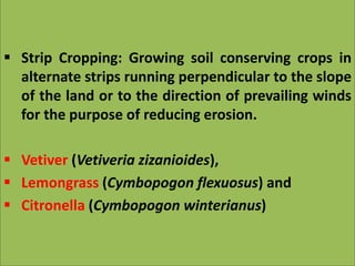  Strip Cropping: Growing soil conserving crops in
alternate strips running perpendicular to the slope
of the land or to the direction of prevailing winds
for the purpose of reducing erosion.
 Vetiver (Vetiveria zizanioides),
 Lemongrass (Cymbopogon flexuosus) and
 Citronella (Cymbopogon winterianus)
 