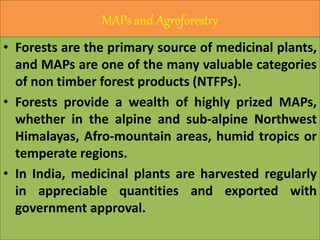 MAPs and Agroforestry
• Forests are the primary source of medicinal plants,
and MAPs are one of the many valuable categories
of non timber forest products (NTFPs).
• Forests provide a wealth of highly prized MAPs,
whether in the alpine and sub-alpine Northwest
Himalayas, Afro-mountain areas, humid tropics or
temperate regions.
• In India, medicinal plants are harvested regularly
in appreciable quantities and exported with
government approval.
 