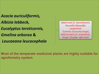 9
Acacia auriculiformis,
Albizia lebbeck,
Eucalyptus tereticornis,
Gmelina arborea &
Leucaeana leucocephala
Most of the temperate medicinal plants are highly suitable for
agroforestry system
Safed musli (C. borivilianum),
Rauvolfia (Rauvolfia
serpentina)
Turmeric (Curcuma longa),
Wild turmeric (C. aromatica),
Ginger (Zingiber officinale)
 