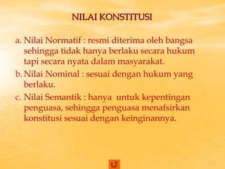 NILAI KONSTITUSI
a. Nilai Normatif : resmi diterima oleh bangsa
sehingga tidak hanya berlaku secara hukum
tapi secara nyata dalam masyarakat.
b. Nilai Nominal : sesuai dengan hukum yang
berlaku.
c. Nilai Semantik : hanya untuk kepentingan
penguasa, sehingga penguasa menafsirkan
konstitusi sesuai dengan keinginannya.
 