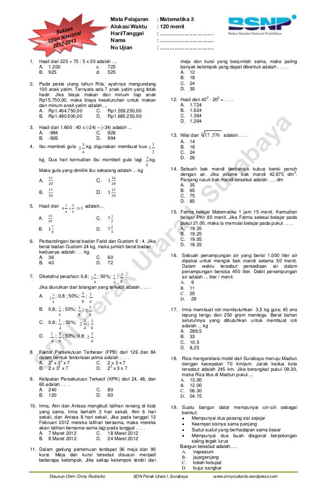 Sukses Ujian Nasional Matematika Sd Paket 3 2013