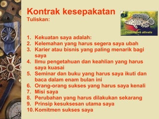 Kontrak kesepakatan
Tuliskan:
1. Kekuatan saya adalah:
2. Kelemahan yang harus segera saya ubah
3. Karier atau bisnis yang paling menarik bagi
saya
4. Ilmu pengetahuan dan keahlian yang harus
saya kuasai
5. Seminar dan buku yang harus saya ikuti dan
baca dalam enam bulan ini
6. Orang-orang sukses yang harus saya kenali
7. Misi saya
8. Perubahan yang harus dilakukan sekarang
9. Prinsip kesuksesan utama saya
10.Komitmen sukses saya
 