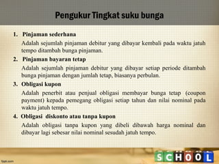 Pengukur Tingkat suku bunga
1. Pinjaman sederhana
Adalah sejumlah pinjaman debitur yang dibayar kembali pada waktu jatuh
tempo ditambah bunga pinjaman.
2. Pinjaman bayaran tetap
Adalah sejumlah pinjaman debitur yang dibayar setiap periode ditambah
bunga pinjaman dengan jumlah tetap, biasanya perbulan.
3. Obligasi kupon
Adalah penerbit atau penjual obligasi membayar bunga tetap (coupon
payment) kepada pemegang obligasi setiap tahun dan nilai nominal pada
waktu jatuh tempo.
4. Obligasi diskonto atau tanpa kupon
Adalah obligasi tanpa kupon yang dibeli dibawah harga nominal dan
dibayar lagi sebesar nilai nominal sesudah jatuh tempo.

 