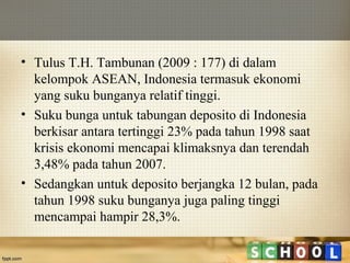 • Tulus T.H. Tambunan (2009 : 177) di dalam
kelompok ASEAN, Indonesia termasuk ekonomi
yang suku bunganya relatif tinggi.
• Suku bunga untuk tabungan deposito di Indonesia
berkisar antara tertinggi 23% pada tahun 1998 saat
krisis ekonomi mencapai klimaksnya dan terendah
3,48% pada tahun 2007.
• Sedangkan untuk deposito berjangka 12 bulan, pada
tahun 1998 suku bunganya juga paling tinggi
mencampai hampir 28,3%.

 
