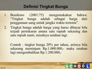 Definisi Tingkat Bunga
1. Boediono (2001:75) mengemukakan bahwa:
“Tingkat bunga adalah sebagai harga dari
penggunaan uang untuk jangka waktu tertentu”.
2. Tingkat bunga adalah harga yang harus dibayar bila
terjadi pertukaran antara satu rupiah sekarang dan
satu rupiah nanti, misalnya setahun lagi.
Contoh : tingkat bunga 20% per tahun, artinya bila
sekarang meminjam Rp.1.000.000,- maka setahun
lagi mengembalikan Rp.1.200.000,-

 
