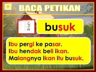 bu suk I bu  per gi  ke pa sar . I bu  hen dak  be li  i kan . Ma lang nya i kan  i tu  bu suk . BACA PETIKAN 