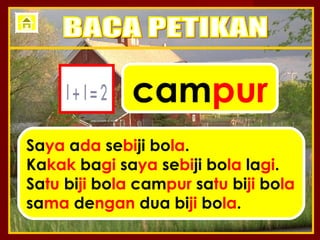 campur
Saya ada sebiji bola.
Kakak bagi saya sebiji bola lagi.
Satu biji bola campur satu biji bola
sama dengan dua biji bola.
 