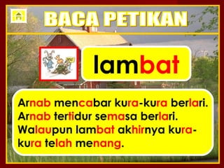 lambat
Arnab mencabar kura-kura berlari.
Arnab tertidur semasa berlari.
Walaupun lambat akhirnya kura-
kura telah menang.
 