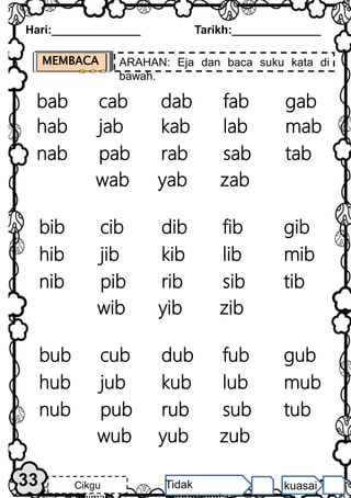 Hari:______________ Tarikh:______________
33 Cikgu Tidak kuasai
MEMBACA ARAHAN: Eja dan baca suku kata di
bawah.
cab
bab dab fab gab
jab
hab kab lab mab
pab
nab rab sab tab
yab
wab zab
cib
bib dib fib gib
jib
hib kib lib mib
pib
nib rib sib tib
yib
wib zib
cub
bub dub fub gub
jub
hub kub lub mub
pub
nub rub sub tub
yub
wub zub
 