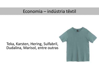 Economia – indústria têxtil

Teka, Karsten, Hering, Sulfabril,
Dudalina, Marisol, entre outras

 