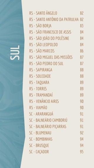 RS - SANTO ÂNGELO 82
RS - SANTO ANTÔNIO DA PATRULHA 82
RS - SÃO BORJA 83
RS - SÃO FRANCISCO DE ASSIS 84
RS - SÃO JOÃO DO POLÊSINE 84
RS - SÃO LEOPOLDO 84
RS - SÃO MARCOS 86
RS - SÃO MIGUEL DAS MISSÕES 87
RS - SÃO PEDRO DO SUL 87
RS - SAPIRANGA 88
RS - SOLEDADE 88
RS - TAQUARA 89
RS - TORRES 89
RS - TRAMANDAÍ 89
RS - VENÂNCIO AIRES 90
RS - VIAMÃO 90
SC - ARARANGUÁ 91
SC - BALNEÁRIO CAMBORIÚ 91
SC - BALNEÁRIO PIÇARRAS 91
SC - BLUMENAU 92
SC - BOMBINHAS 94
SC - BRUSQUE 94
SC - CAÇADOR 95
SUL
 