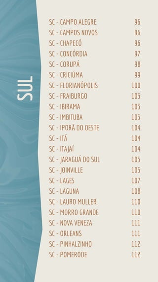 SC - CAMPO ALEGRE 96
SC - CAMPOS NOVOS 96
SC - CHAPECÓ 96
SC - CONCÓRDIA 97
SC - CORUPÁ 98
SC - CRICIÚMA 99
SC - FLORIANÓPOLIS 100
SC - FRAIBURGO 103
SC - IBIRAMA 103
SC - IMBITUBA 103
SC - IPORÃ DO OESTE 104
SC - ITÁ 104
SC - ITAJAÍ 104
SC - JARAGUÁ DO SUL 105
SC - JOINVILLE 105
SC - LAGES 107
SC - LAGUNA 108
SC - LAURO MULLER 110
SC - MORRO GRANDE 110
SC - NOVA VENEZA 111
SC - ORLEANS 111
SC - PINHALZINHO 112
SC - POMERODE 112
SUL
 