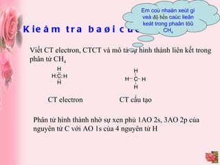 Kieåm tra baøi cuõ : Viết CT electron, CTCT và mô tả sự hình thành liên kết trong phân tử CH 4 Em coù nhaän xeùt gì veà  độ bền  caùc lieân keát trong phaân töû CH 4 CT electron   CT cấu tạo C: H H: .. .. H H C H H H H Phân tử hình thành nhờ sự xen phủ 1AO 2s, 3AO 2p của nguyên tử C với AO 1s của 4 nguyên tử H 