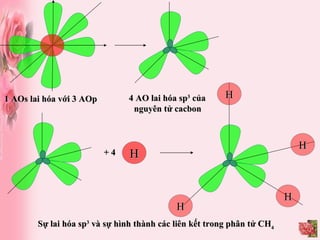 1 AOs lai hóa với 3 AOp 4 AO lai hóa sp 3  của nguyên tử cacbon + 4 H H H H H Sự lai hóa sp 3  và sự hình thành các liên kết trong phân tử CH 4 