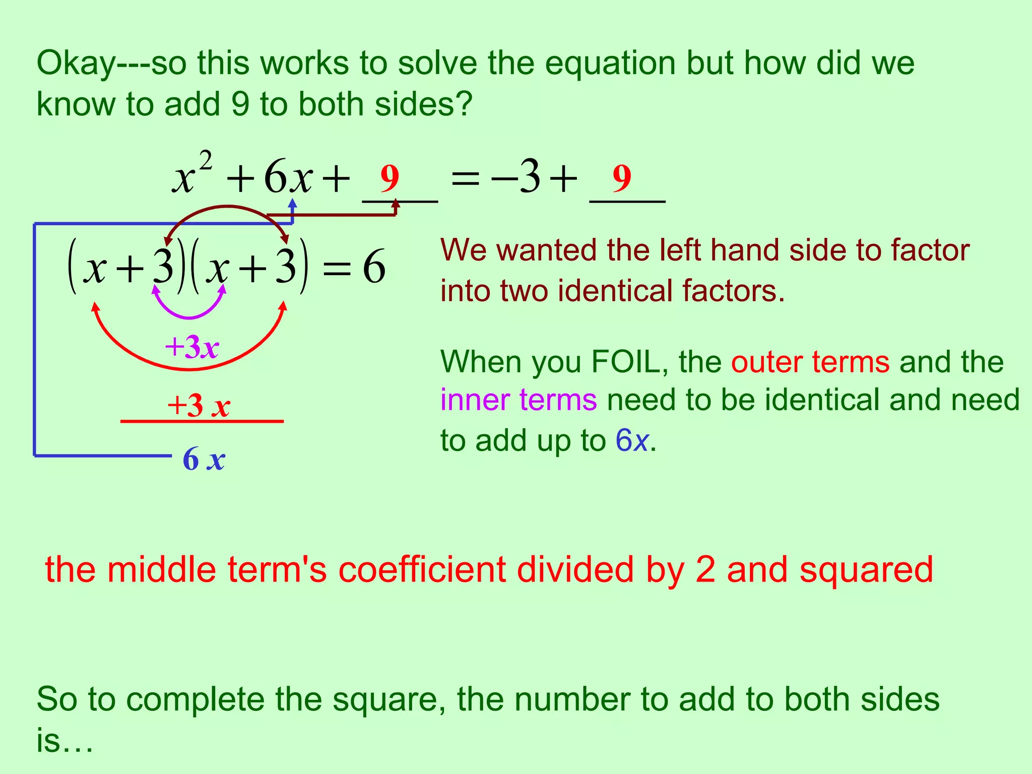 Okay---so this works to solve the equation but how did we
know to add 9 to both sides?

         x + 6 x + ___ = −3 + ___
           2
                    9          9

  ( x + 3)( x + 3) = 6      We wanted the left hand side to factor
                            into two identical factors.
        +3x                 When you FOIL, the outer terms and the
         +3 x               inner terms need to be identical and need
                            to add up to 6x.
          6x

The last term in the original trinomial will then be the middle
term's coefficient divided by 2 and squared 2 andlast term
 the middle term's coefficient divided by since squared
times last term will be (3)(3) or 32.

So to complete the square, the number to add to both sides
is…
 