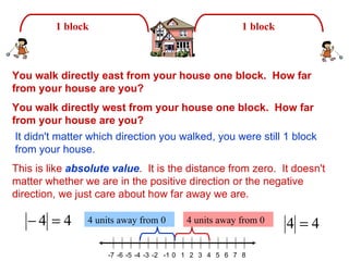 1 block                                         1 block



You walk directly east from your house one block. How far
from your house are you?
You walk directly west from your house one block. How far
from your house are you?
It didn't matter which direction you walked, you were still 1 block
from your house.
This is like absolute value. It is the distance from zero. It doesn't
matter whether we are in the positive direction or the negative
direction, we just care about how far away we are.

   −4 = 4       4 units away from 0       4 units away from 0
                                                                   4 =4
                     -7 -6 -5 -4 -3 -2 -1 0 1 2 3 4 5 6 7 8
 