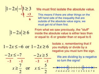 1− 2x − 3 ≥ 3     We must first isolate the absolute value.
          +3 +3     This means if there are other things on the
              6     left hand side of the inequality that are
                    outside of the absolute value signs, we
                    must get rid of them first.
                  From what we saw previously, the "stuff"
    1− 2x ≥ 6     inside the absolute value is either less than
                  or equal to -6 or greater than or equal to 6

                               Isolate x, remembering that if
1 − 2 x ≤ −6 or 1 − 2 x ≥ 6    you multiply or divide by a
                               negative you must turn the sign.
 − 2 x ≤ −7       − 2x ≥ 5         We are dividing by a negative
  -2     -2        -2    -2        so turn the signs!
          7           5                      ]              [
       x≥   or    x≤−
          2           2           -7 -6 -5 -4 -3 -2 -1 0 1 2 3 4 5 6 7 8
 
