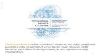 Sulava Innovation Accelerator on idean koko elinkaaren kattava ratkaisu, jossa yrityksesi työntekijät voivat
jakaa ideoita...