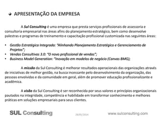 28/05/2014
APRESENTAÇÃO DA EMPRESA
A Sul Consulting é uma empresa que presta serviços profissionais de assessoria e
consultoria empresarial nas áreas afins do planejamento estratégico, bem como desenvolve
palestras e programas de treinamento e capacitação profissional customizada nas seguintes áreas:
• Gestão Estratégica Integrada: “Alinhando Planejamento Estratégico e Gerenciamento de
Projetos”;
• Vendas Consultivas 3.0: “O novo profissional de vendas”;
• Business Model Generation: “Inovação em modelos de negócio (Canvas BMG);
A missão da Sul Consulting é melhorar resultados operacionais das organizações através
de iniciativas de melhor gestão, na busca incessante pelo desenvolvimento da organização, das
pessoas envolvidas e da comunidade em geral, além de promover educação profissionalizante e
acadêmica.
A visão da Sul Consulting é ser reconhecida por seus valores e princípios organizacionais
pautados na integridade, competência e habilidade em transformar conhecimento e melhores
práticas em soluções empresariais para seus clientes.
 