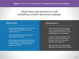 Adopt these best practices to craft
compelling LinkedIn Sponsored Updates.
• Strong thumbnail images. If you don’t like
the one that is scraped from your link,
upload your own.
• Compelling headlines. Numbered lists,
stats or figures work well.
• Name dropping. Use business luminaries
and recognised execs where relevant; for
example, sharing a LinkedIn Influencer
post from your CEO.
What works
• The hard sell. Focus on providing
value in the feed using a CTA that
drives people to click, then let your
landing page do the converting.
• Long copy. Write snackable intros;
you don’t want your CTA buried
behind a “more” link. Top posts
average 140 characters.
• Blurred photos. Use bright visuals,
especially those that include people.
What doesn’t
Step 2: Turn Your Content Into Compelling Sponsored Updates
15
 