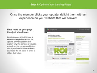 Step 3: Optimise Your Landing Pages
Once the member clicks your update, delight them with an
experience on your website that will convert.
Have more on your page
than just a lead form.
Landing pages should create a
seamless experience from the
update, providing details that
explain why this content is valuable
enough to give up personal info—
with a prominent call to action to
download the full piece in order to
obtain that value.
20
 