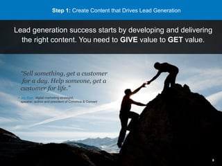 Step 1: Create Content that Drives Lead Generation
Lead generation success starts by developing and delivering
the right c...