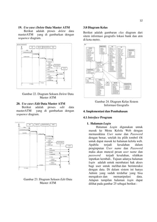 12
19. Use case: Delete Data Master ATM
Berikut adalah proses delete data
masterATM yang di gambarkan dengan
sequence diagram.
Gambar 22. Diagram Sekuen Delete Data
Master ATM
20. Use case: Edit Data Master ATM
Berikut adalah proses edit data
masterATM yang di gambarkan dengan
sequence diagram.
Gambar 23. Diagram Sekuen Edit Data
Master ATM
3.8 Diagram Kelas
Berikut adalah gambaran clas diagram dari
sitem informasi geografis lokasi bank dan atm
di kota metro.
Gambar 24. Diagram Kelas Sistem
Informasi Geografis
4. Implementasi dan Pembahasan
4.1 Interface Program
1. Halaman Login
Halaman Login digunakan untuk
masuk ke Menu Kelola Web dengan
memasukkna User name dan Password
dengan benar, setelah itu pilih tombol Ok
untuk dapat masuk ke halaman kelola web.
Apabila terjadi kesalahan dalam
penginputan User name dan Password
maka akan muncul pesan user name dan
password terjadi kesalahan, silahkan
inputkan kembali.. Tujuan adanya halaman
login adalah untuk membatasi hak akses
bagi user untuk melihat dan berinteraksi
dengan data. Di dalam sistem ini hanya
Admin yang sudah terdaftar yang bisa
mengakses dan memanipulasi data.
Adapun tampilan halaman login dapat
dilihat pada gambar 25 sebagai berikut :
 