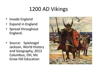1200 AD Vikings
• Invade England
• Expand in England
• Spread throughout
England.
• Source: Spielvogel
Jackson, World History
and Geography, 2013
Columbus, OH, Mc
Graw Hill Education
 