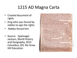 1215 AD Magna Carta
• Created document of
rights
• King John was forced by
nobles to sign the rights
• Nobles forced him
• Source: Spielvogel
Jackson, World History
and Geography, 2013
Columbus, OH, Mc Graw
Hill Education
 