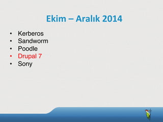 •  Kerberos
•  Sandworm
•  Poodle
•  Drupal 7
•  Sony
Ekim	
  –	
  Aralık	
  2014
 