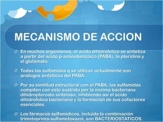 MECANISMO DE ACCION
En muchos organismos, el acido dihidrofolico se sintetiza
a partir del acido p-aminobenzoico (PABA), la pteridina y
el glutamato.

Todas las sulfamidas q se utilizan actualmente son
análogos sintéticos del PABA.

Por su similitud estructural con el PABA, las sulfamidas
compiten con este sustrato por la enzima bacteriana
dihidropteroato sintetasa, inhibiendo así el acido
dihidrofolico bacteriano y la formación de sus cofactores
esenciales.

Los fármacos sulfamidicos, incluida la combinación
trimetoprima-sulfametoxazol, son BACTERIOSTATICOS.
 