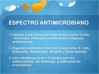 ESPECTRO ANTIMICROBIANO

 Inhiben a las bacterias tanto Gram+ como Gram-
 , Nocardia, Chlamydia trachomatis y algunos
 protozoarios.
 Algunas bacterias entéricas, tales como: E. Coli,
 Klebsiella, Salmonella, Shigella y Enterobacter.
 Las rickettsias no son inhibidas por las
 sulfonamidas, sin embargo, si estimulan su
 crecimiento.
 