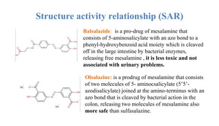 Structure activity relationship (SAR)
Balsalazide: is a pro-drug of mesalamine that
consists of 5-aminosalicylate with an azo bond to a
phenyl-hydroxybenzoid acid moiety which is cleaved
off in the large intestine by bacterial enzymes,
releasing free mesalamine , it is less toxic and not
associated with urinary problems.
Olsalazine: is a prodrug of mesalamine that consists
of two molecules of 5- aminocsalicylate (5’5’-
azodisalicylate) joined at the amino-terminus with an
azo bond that is cleaved by bacterial action in the
colon, releasing two molecules of mesalamine also
more safe than sulfasalazine.
 